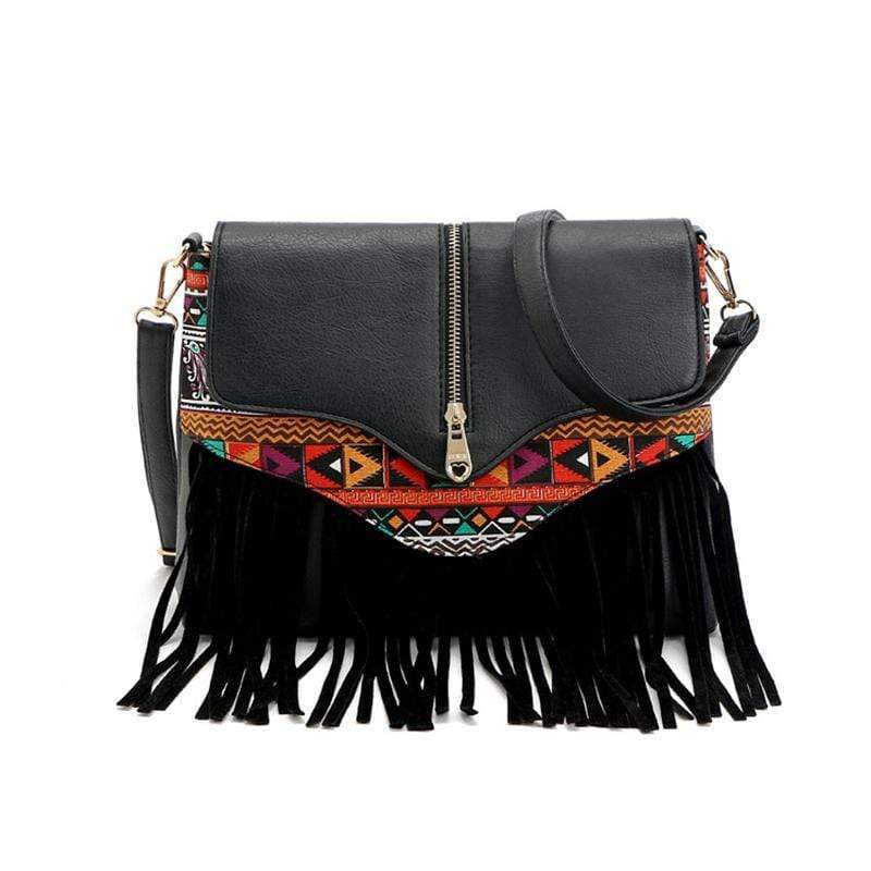 Obangbag Black Ladies Retro Fringed Shoulder Bag Small Soft Leather Work Crossbody Bag