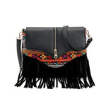 Obangbag Black Ladies Retro Fringed Shoulder Bag Small Soft Leather Work Crossbody Bag