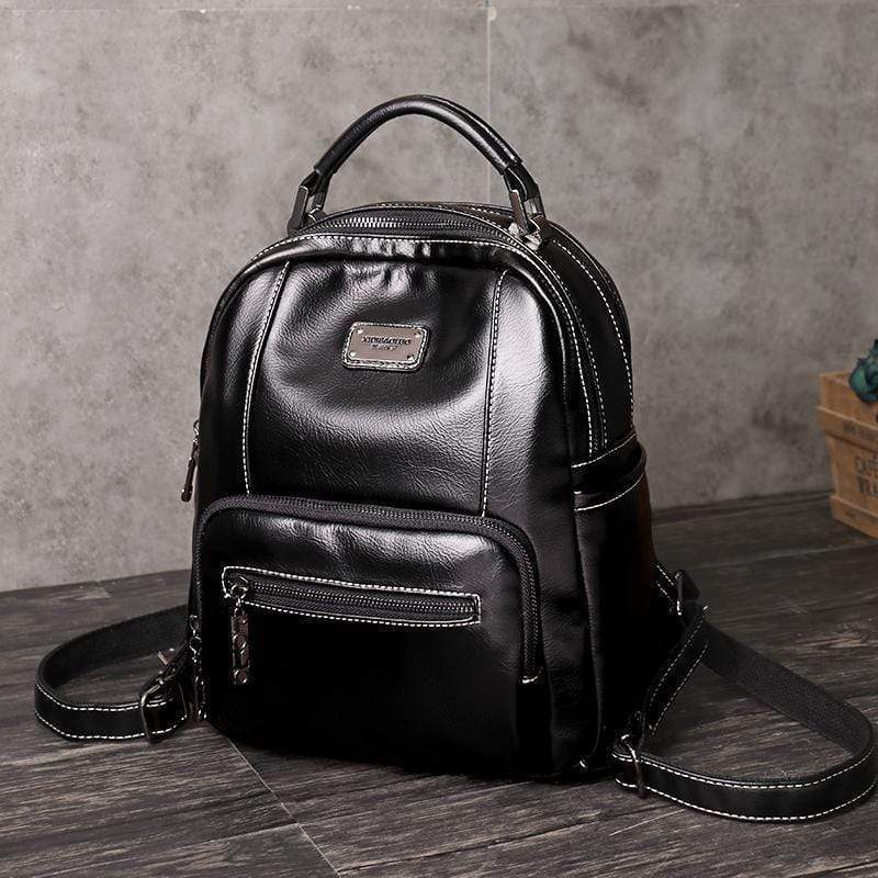 Obangbag Black Retro Vintage Pockets Large Capacity Oil Wax Backpack