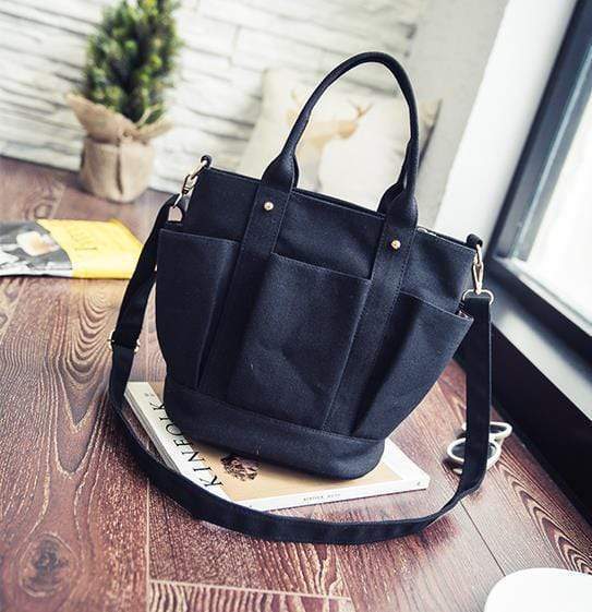 Obangbag Black Women Fashion Vintage Multi Pockets Multifunction Canvas Handbag Crossbody Bag Shoulder Bag