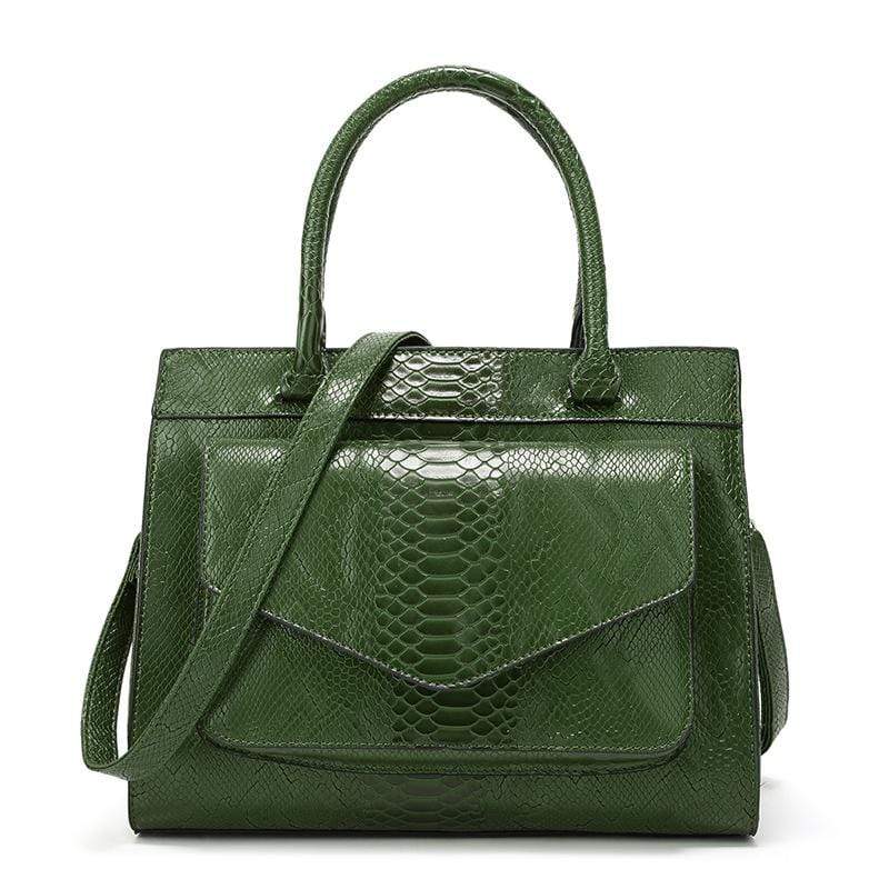 Obangbag Green Women Vintage Large Capacity Multi Pockets Snake Skin Pattern Leather Boston Bag Handbag Crossbody Bag