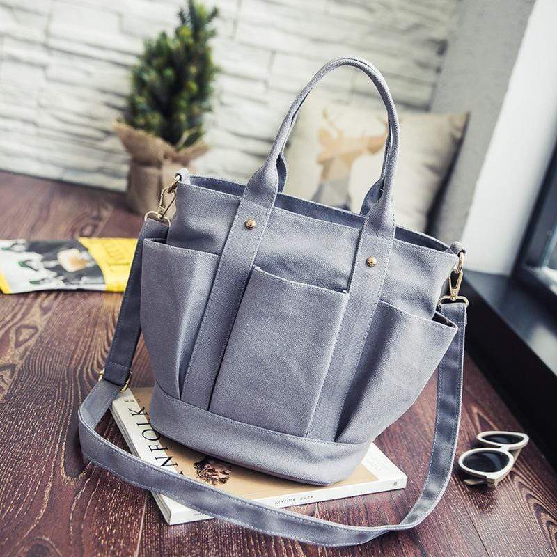 Obangbag Grey Women Fashion Vintage Multi Pockets Multifunction Canvas Handbag Crossbody Bag Shoulder Bag