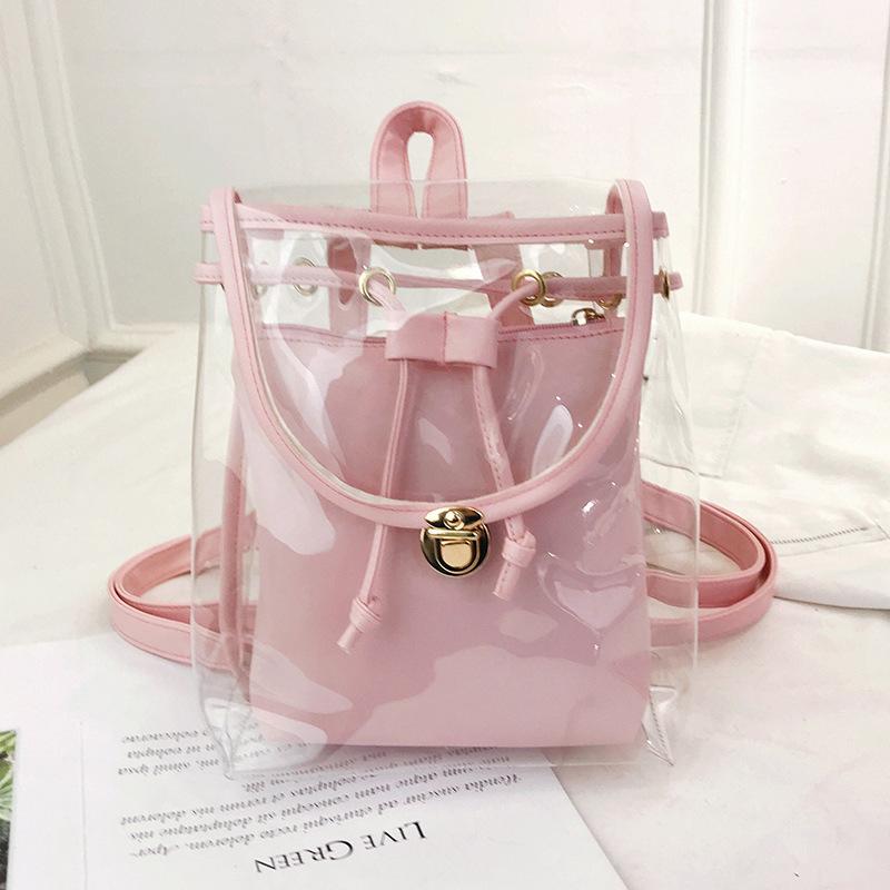 Obangbag Pink Women Chic Colorful Clear Transparent Plastic PU Leather Backapck for Work for Travel