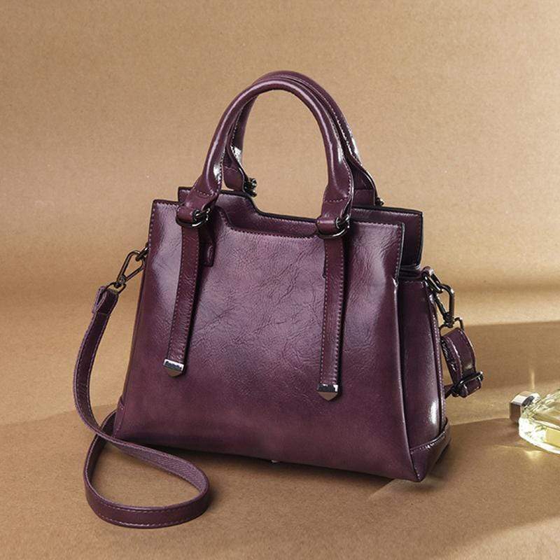 Obangbag Purple Women Vintage Leather Large Capacity Multi-pockets Handbag
