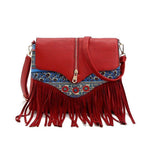 Obangbag Red Ladies Retro Fringed Shoulder Bag Small Soft Leather Work Crossbody Bag