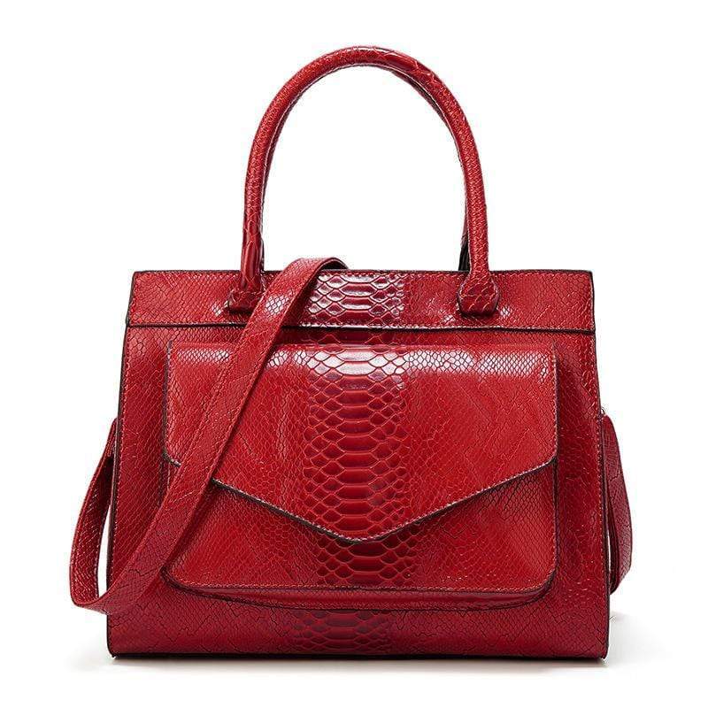 Obangbag Red Women Vintage Large Capacity Multi Pockets Snake Skin Pattern Leather Boston Bag Handbag Crossbody Bag