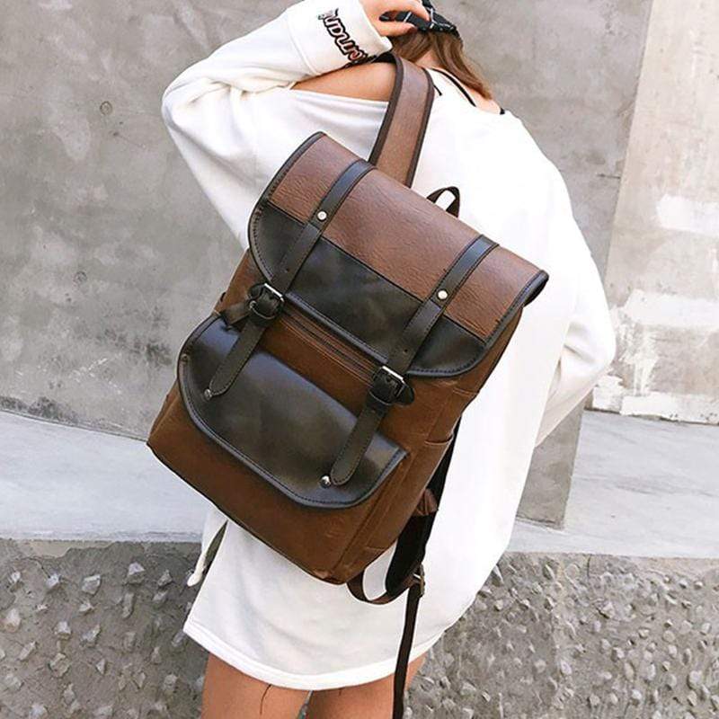 Obangbag Unisex Vintage Big Large Capacity Multi Pockets Leather Backpack Bookbag for School