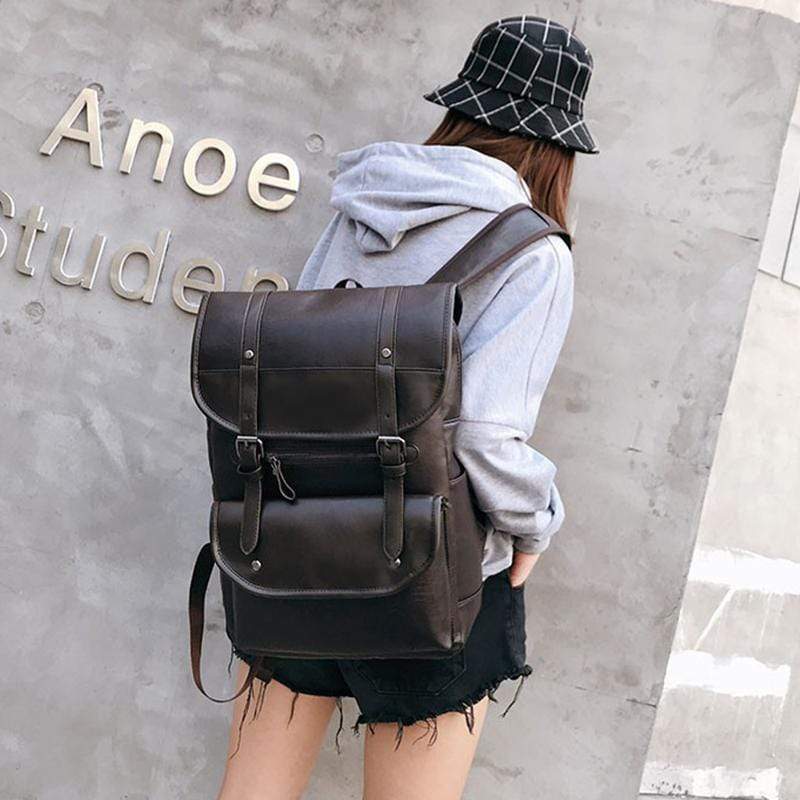 Obangbag Unisex Vintage Big Large Capacity Multi Pockets Leather Backpack Bookbag for School