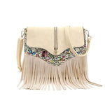 Obangbag White Ladies Retro Fringed Shoulder Bag Small Soft Leather Work Crossbody Bag