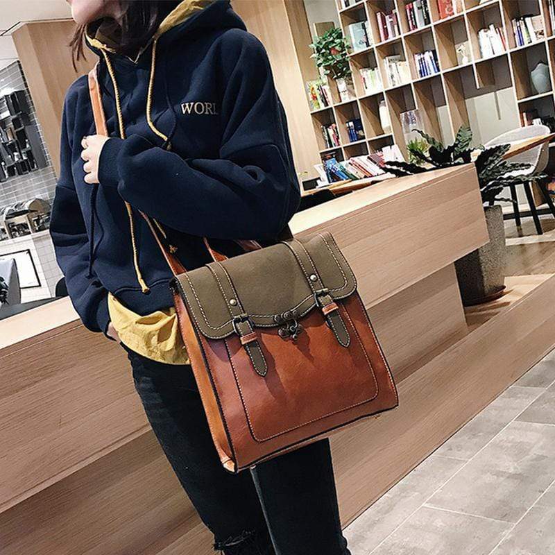 Obangbag Women Retro Stylish Vintage Simple Roomy Lightweight Leather Backpack Bookbag