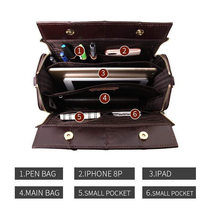 Obangbag Women Retro Vintage Genuine Leather Handbag Multi Pockets Shoulder Bag Handbag File Case