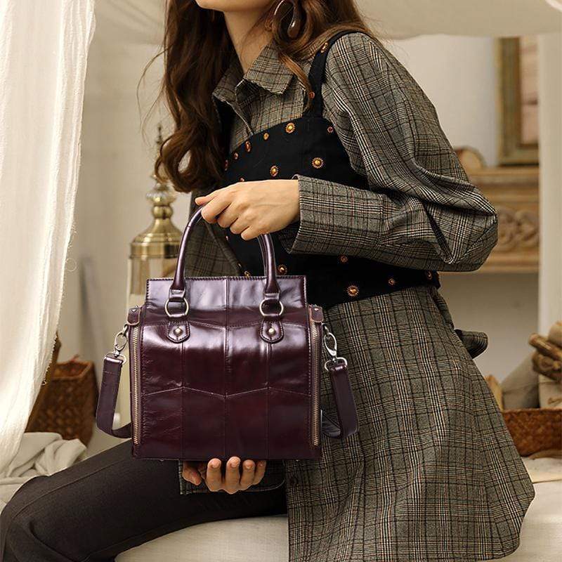 Obangbag Women Retro Vintage Genuine Leather Handbag Multi Pockets Shoulder Bag Handbag File Case