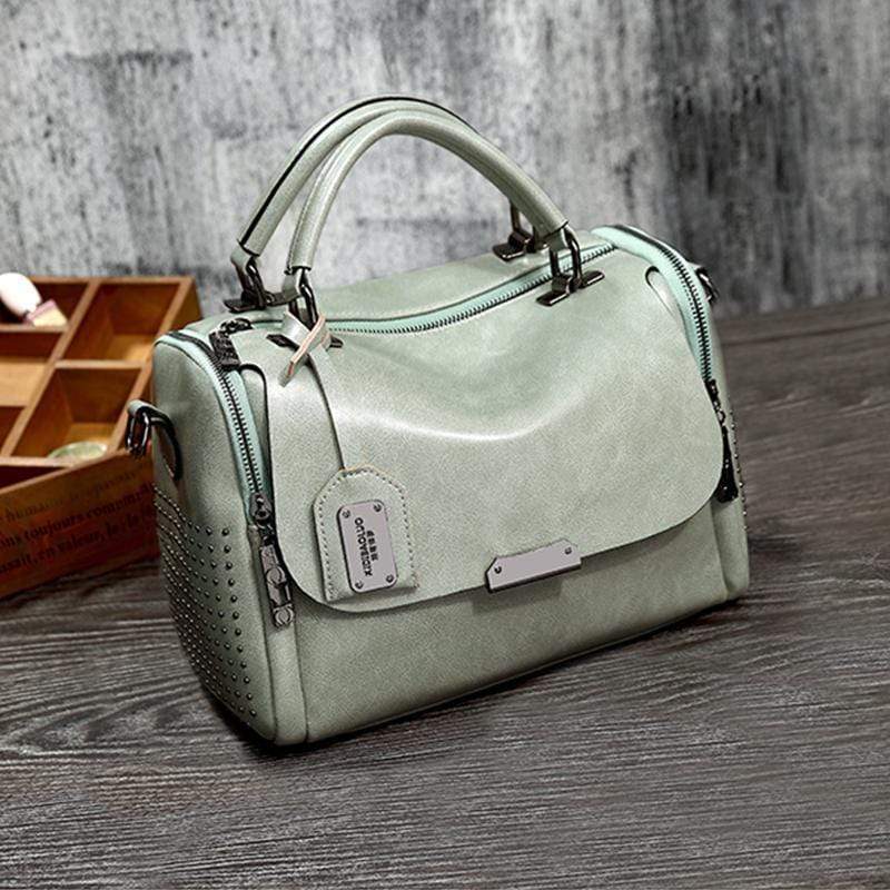 Obangbag Women Retro Vintage Rivet Oil Wax Leather Large Capacity Handbag