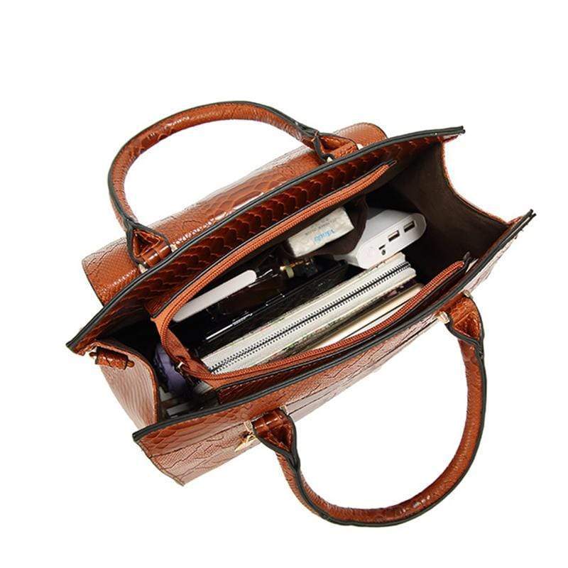 Obangbag Women Vintage Large Capacity Multi Pockets Snake Skin Pattern Leather Boston Bag Handbag Crossbody Bag