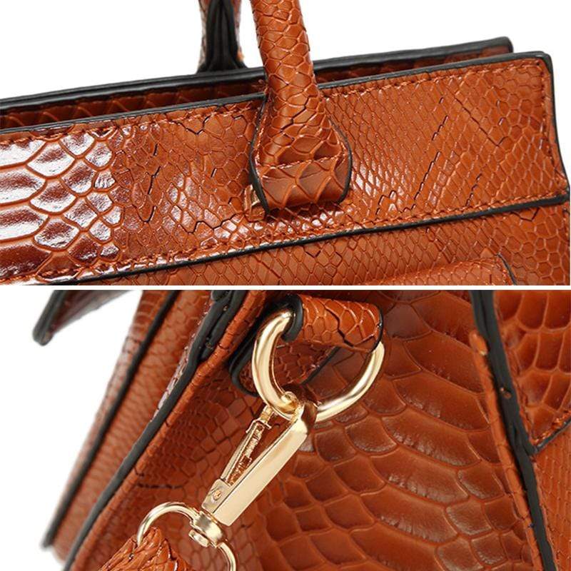 Obangbag Women Vintage Large Capacity Multi Pockets Snake Skin Pattern Leather Boston Bag Handbag Crossbody Bag