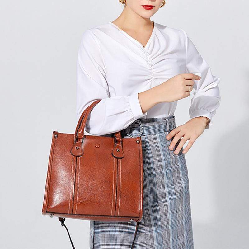 Obangbag Women Vintage Retro Chic Large Capacity Multifunction Oil Wax Leather Tote Bag Crossbody Bag for Work